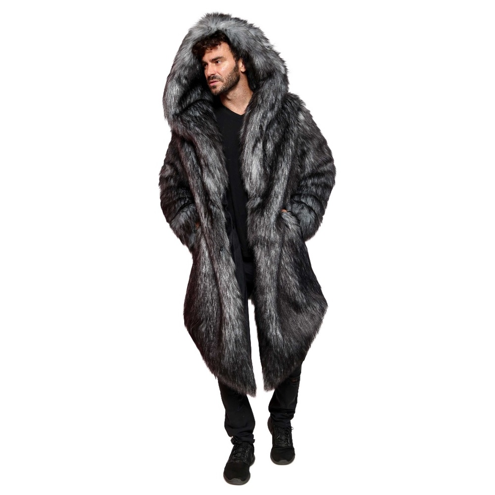 FURROCIOUS FURR Men’s Faux Fur Gray Wolf Long Coat for Festivals, Burning Man